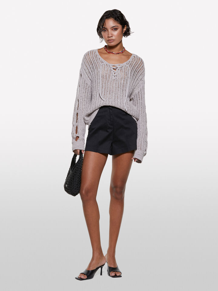 Perforated top with laces - women's v-neck sweaters - Beige | Sisley image number 1
